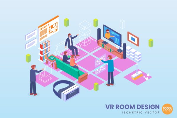 VR虚拟现实房间设计等距矢量科技素材库精选概念插画v2 Isometric VR Room Design Vector Concept 2