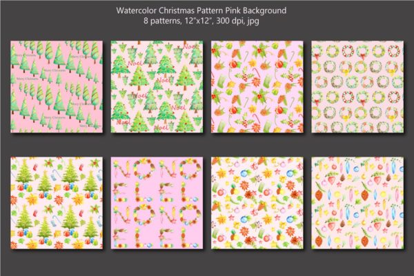 圣诞节主题水彩图案花纹素材 Watercolor Christmas Pattern Pink