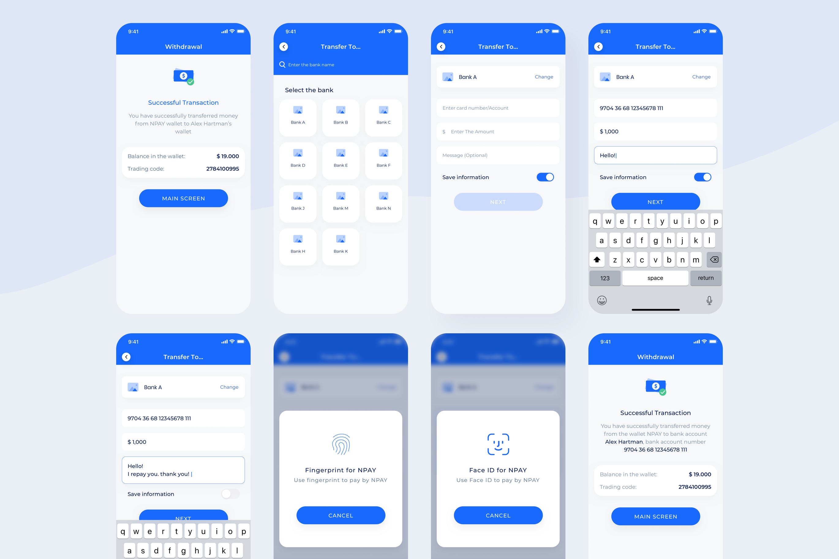 电子钱包移动支付APP应用转账记录界面设计素材库精选模板 Transfer – Wallet Mobile UI – N插图