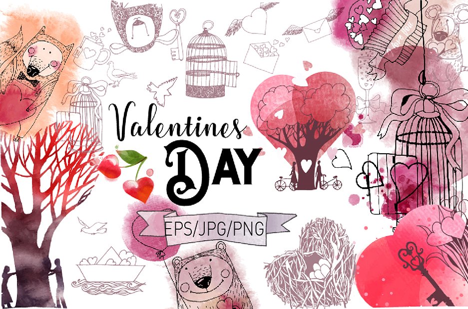 浪漫手绘爱情情人节插画元素大集合插图(4)