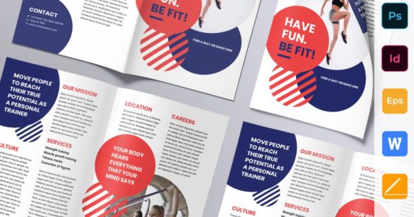 运动健身/健身俱乐部广告双折页传单设计模板 Fitness Trainer Coach Brochure Bifold