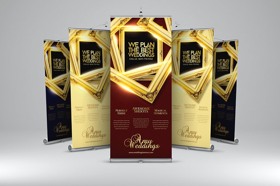 黄金风格婚礼会场X展架易拉宝广告模板 Wedding – Roll-Up Banner 1插图(1)