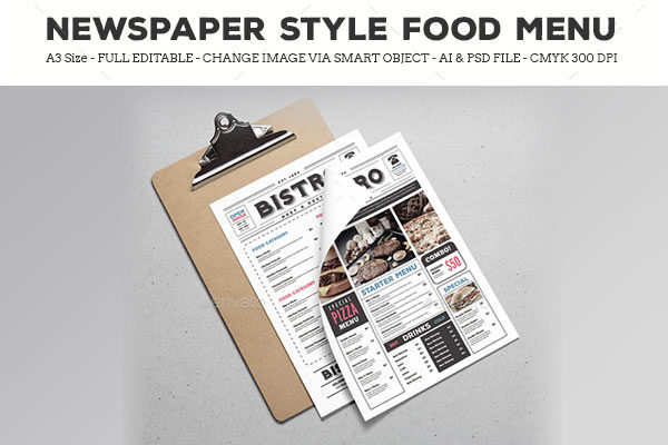 独特报纸式的食物菜单模板下载 Newspaper Style Food Menu [ai,psd]