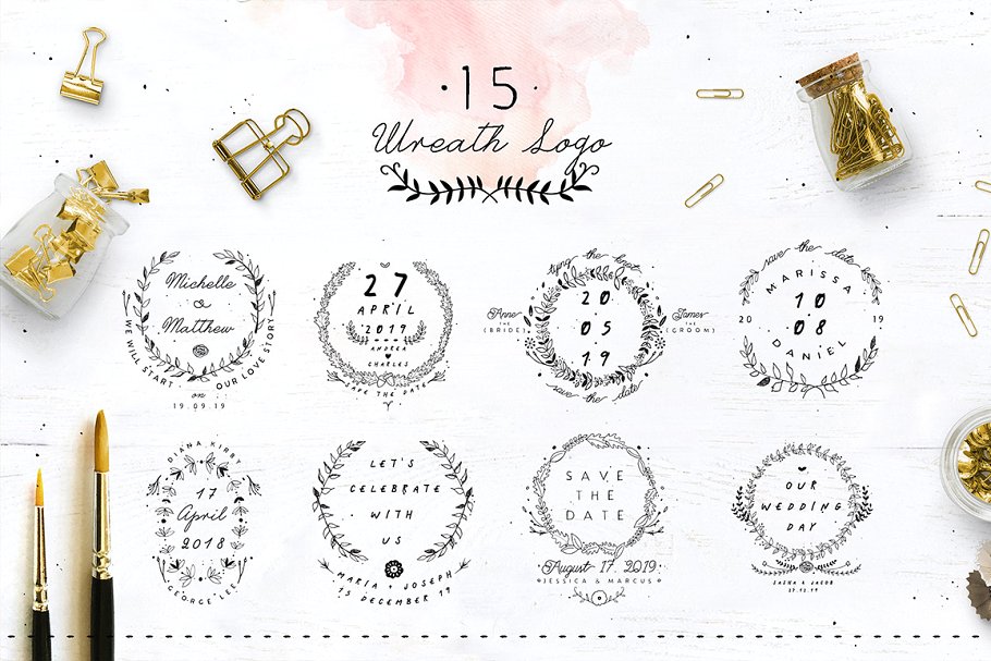 30款预留时间花环徽章Logo模板 30 Save the Date Wreath Logo插图(1)