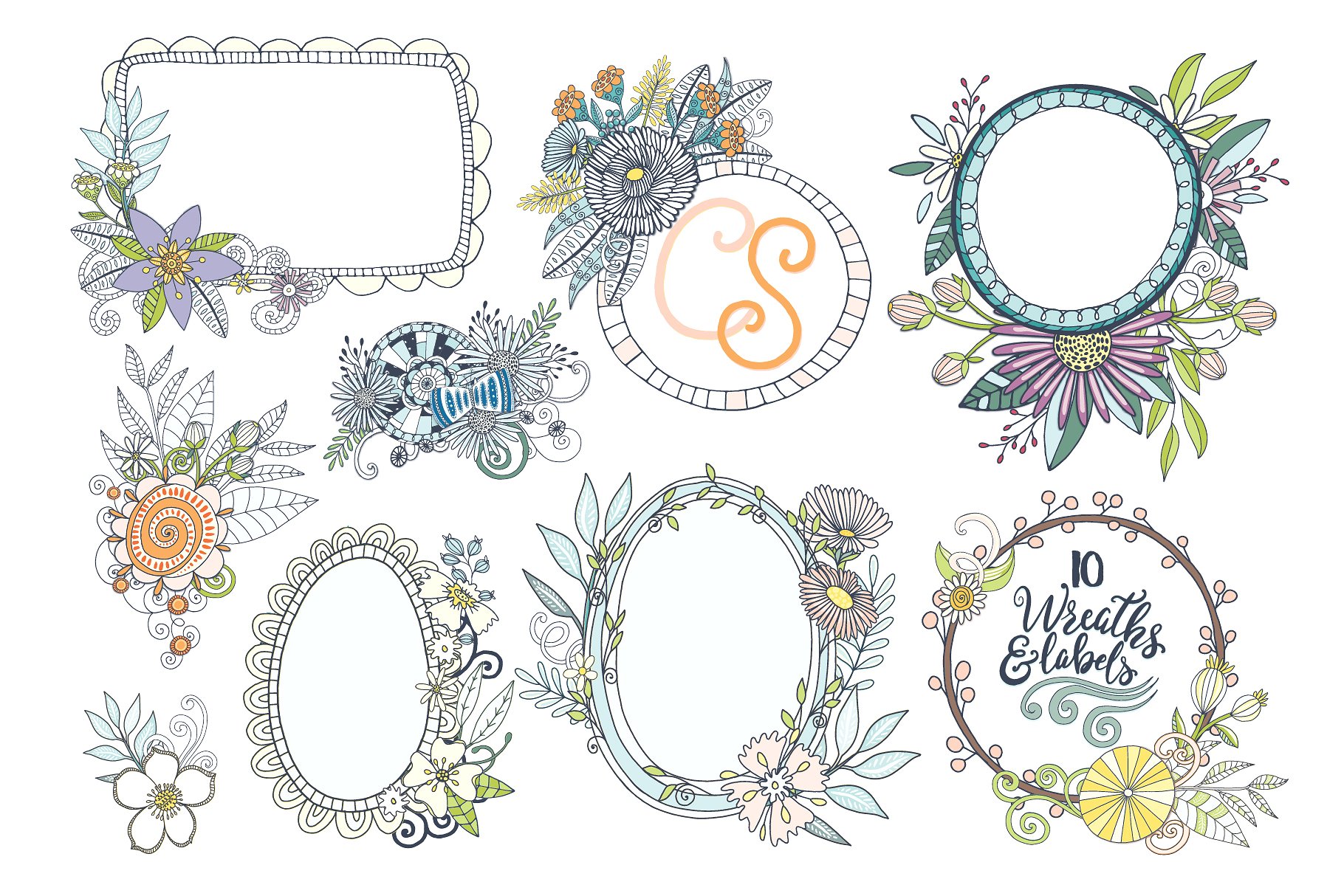 梦幻繁花似锦水彩手绘花卉蝴蝶树叶矢量图形 Fantasy Flowers, Floral Wreaths插图(11)