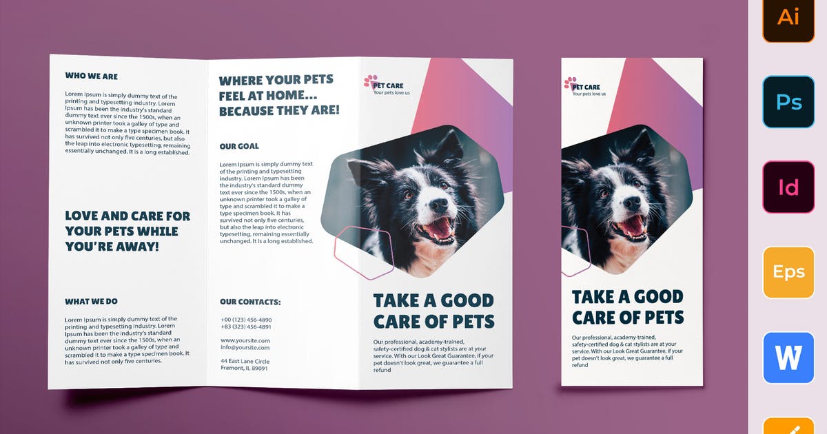 宠物美容护理三折页传单设计模板插图