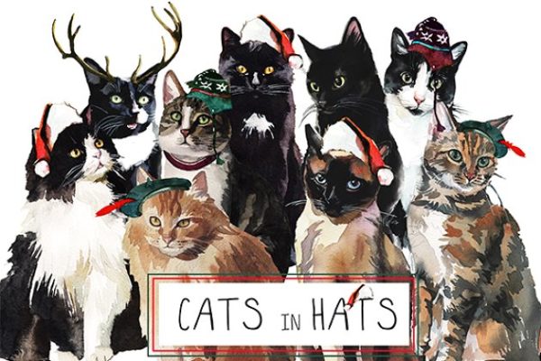 手绘水彩猫咪素材剪贴画合集 Watercolor Cat Illustration Clipart