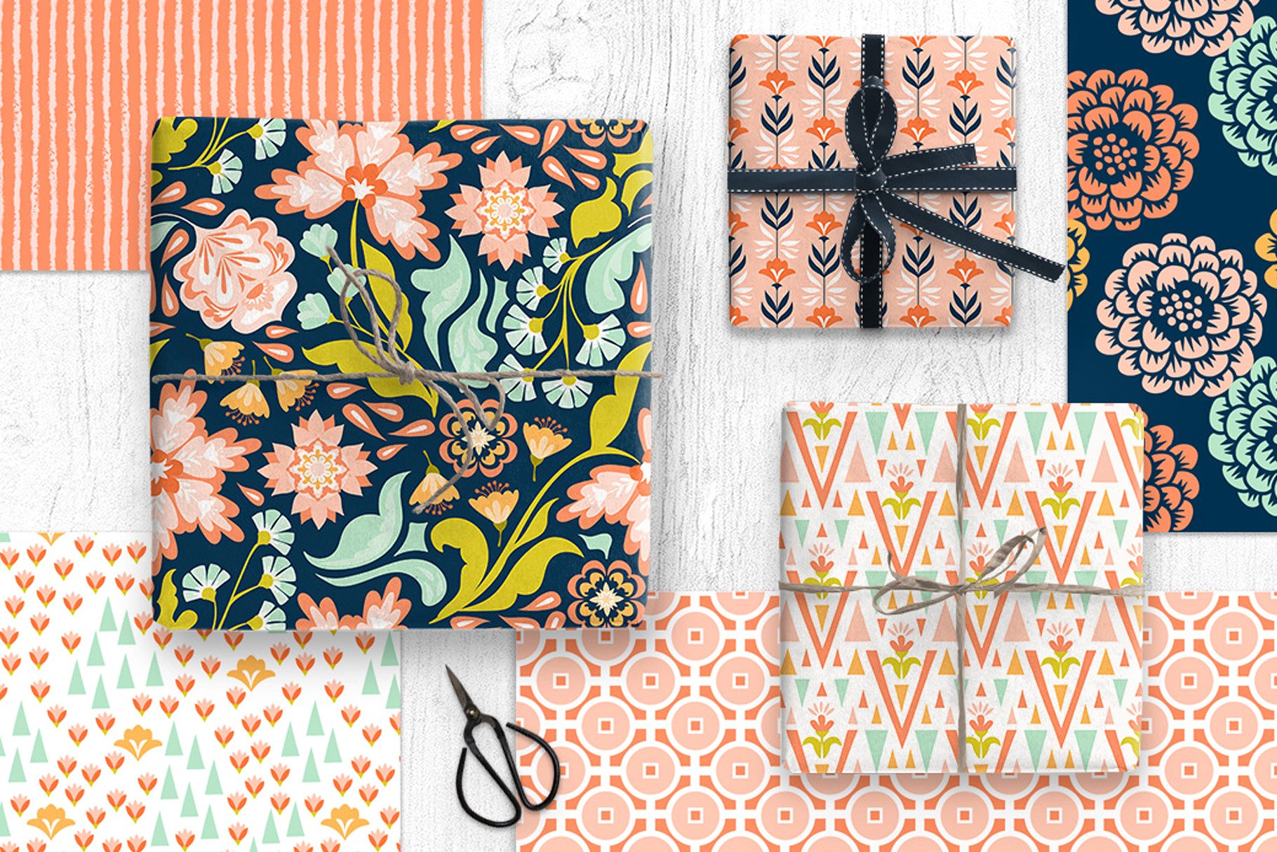 靛蓝与番木瓜色现代图案纹理 Indigo and Papaya Modern Patterns插图(3)