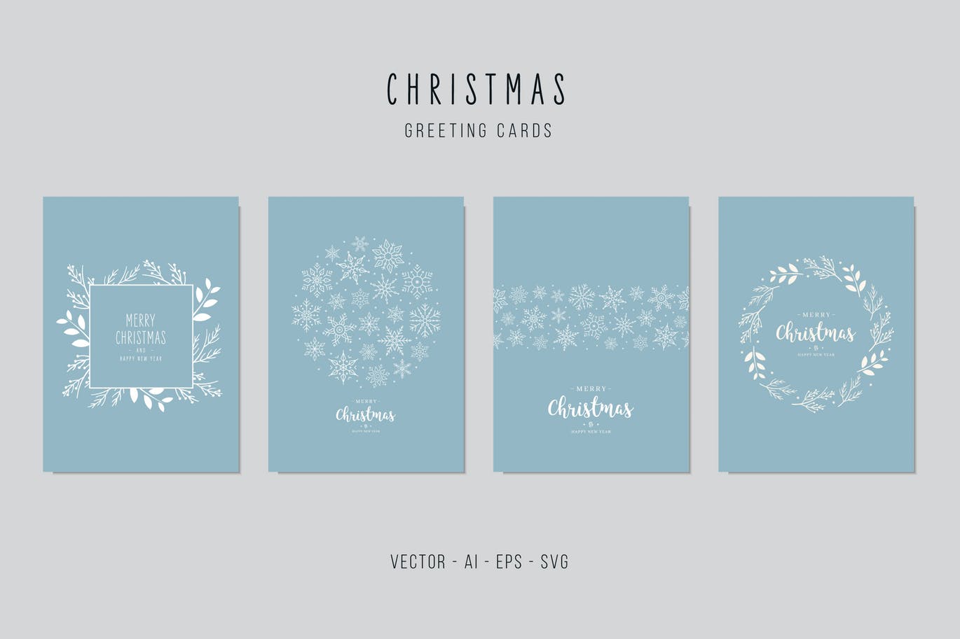 雪花&植物手绘图案圣诞节贺卡矢量设计模板集v2 Christmas Greeting Vector Card Set插图