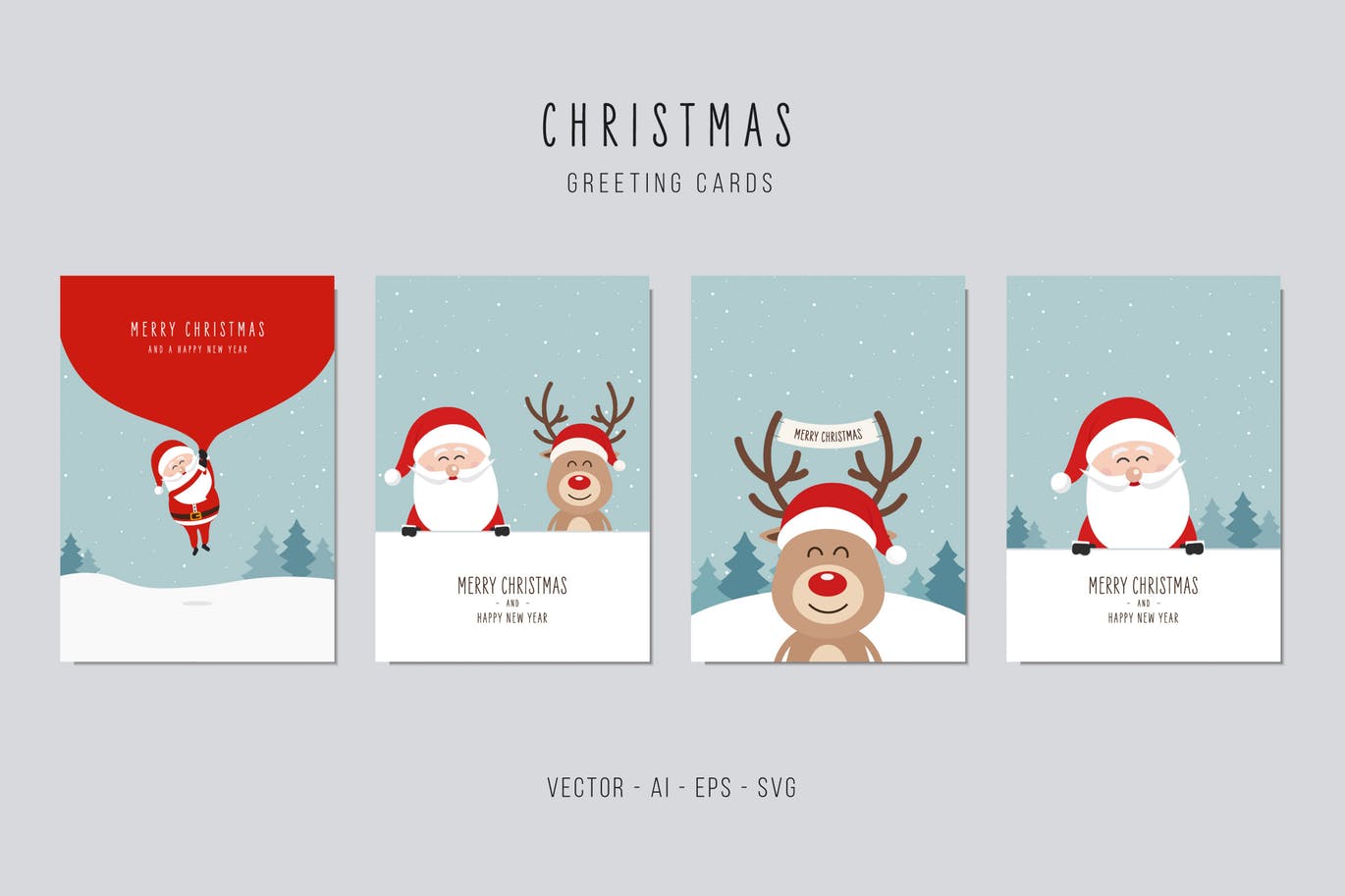 圣诞老人&驯鹿矢量圣诞节贺卡设计模板v2 Christmas Santa Claus and Reindeer Vector Card Set插图