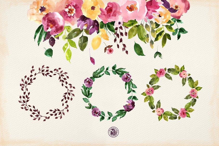 橘园水彩花卉剪贴画 Orangery Watercolor Flowers插图(3)