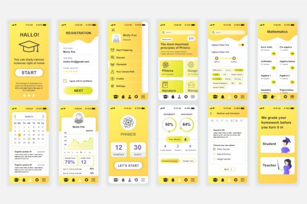 在线教育&amp;网络教育APP用户交互界面设计UI套件 Education Mobile App UX and UI Kit