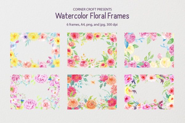 黄色&amp;粉红色水彩花卉框架套装 Watercolor floral frame yellow and pink