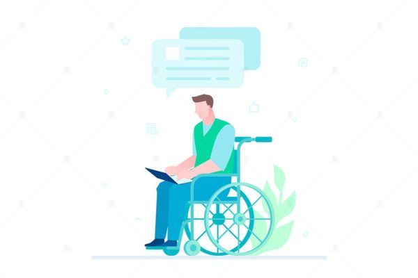 残疾工人聊天场景扁平设计风格矢量插画素材库精选 Disabled worker chatting – flat illustration
