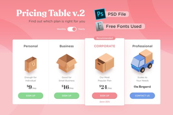 网站服务多套餐价格表单UI设计素材库精选模板v02 Pricing Table v.02