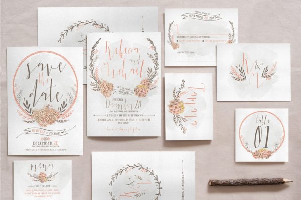 水彩花环花卉婚礼邀请物料模板 Wreath &amp; Flower Wedding Suite