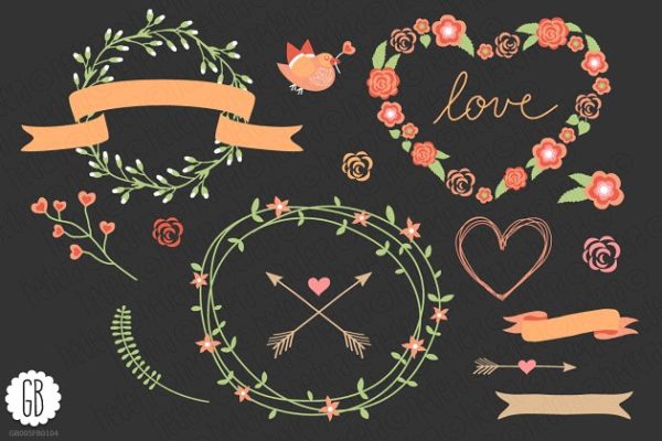 爱情花环玫瑰心形剪贴画 Love wreaths roses heart clip art