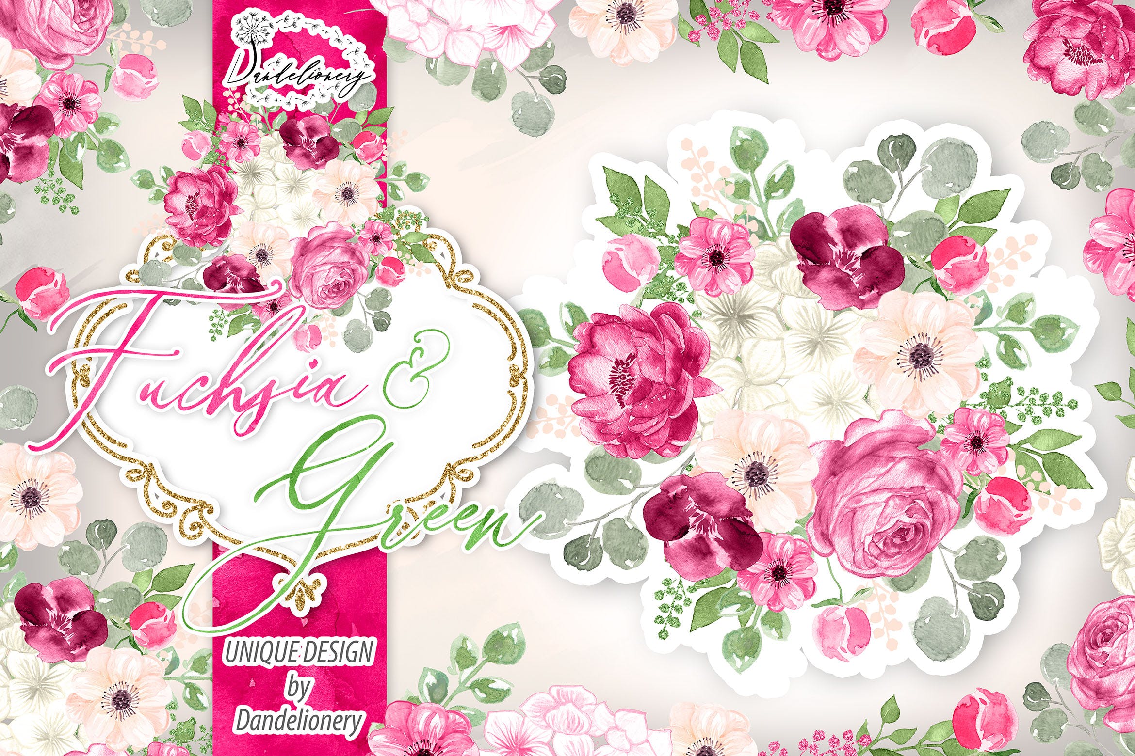 紫红色与绿色水彩手绘图案设计素材 Watercolor Fuchsia And Green design插图