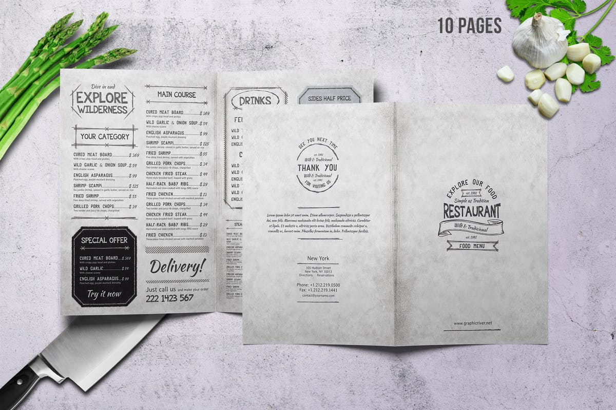 复古老式A4菜单设计PSD模板 Vintage A4 Food Menu Design – 10 Pages插图