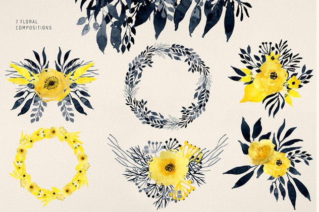 深色水彩花卉元素插画素材 Dark Watercolor Flowers插图(1)