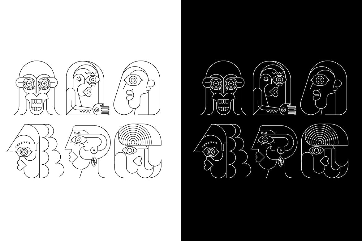 六幅霓虹灯肖像线条艺术矢量插画 Six Portraits Neon and 2 Line Art Options插图(1)