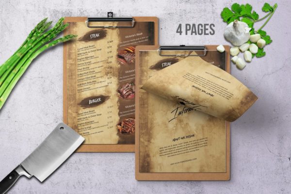 复古高端西餐厅菜单设计PSD模板 Infernos Vintage Single Page Menu – A4 &amp; US Letter