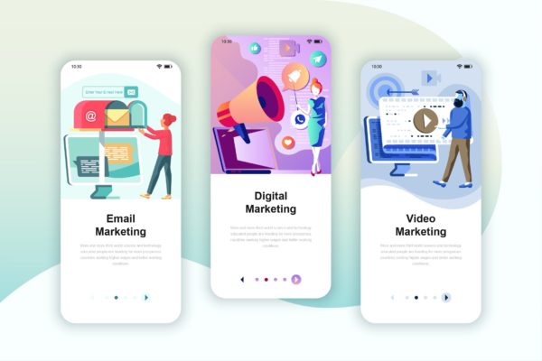 视频/电子邮件/数字营销主题素材库精选概念插画APP引导页模板 Instagram Stories Onboarding Screens Mobile App