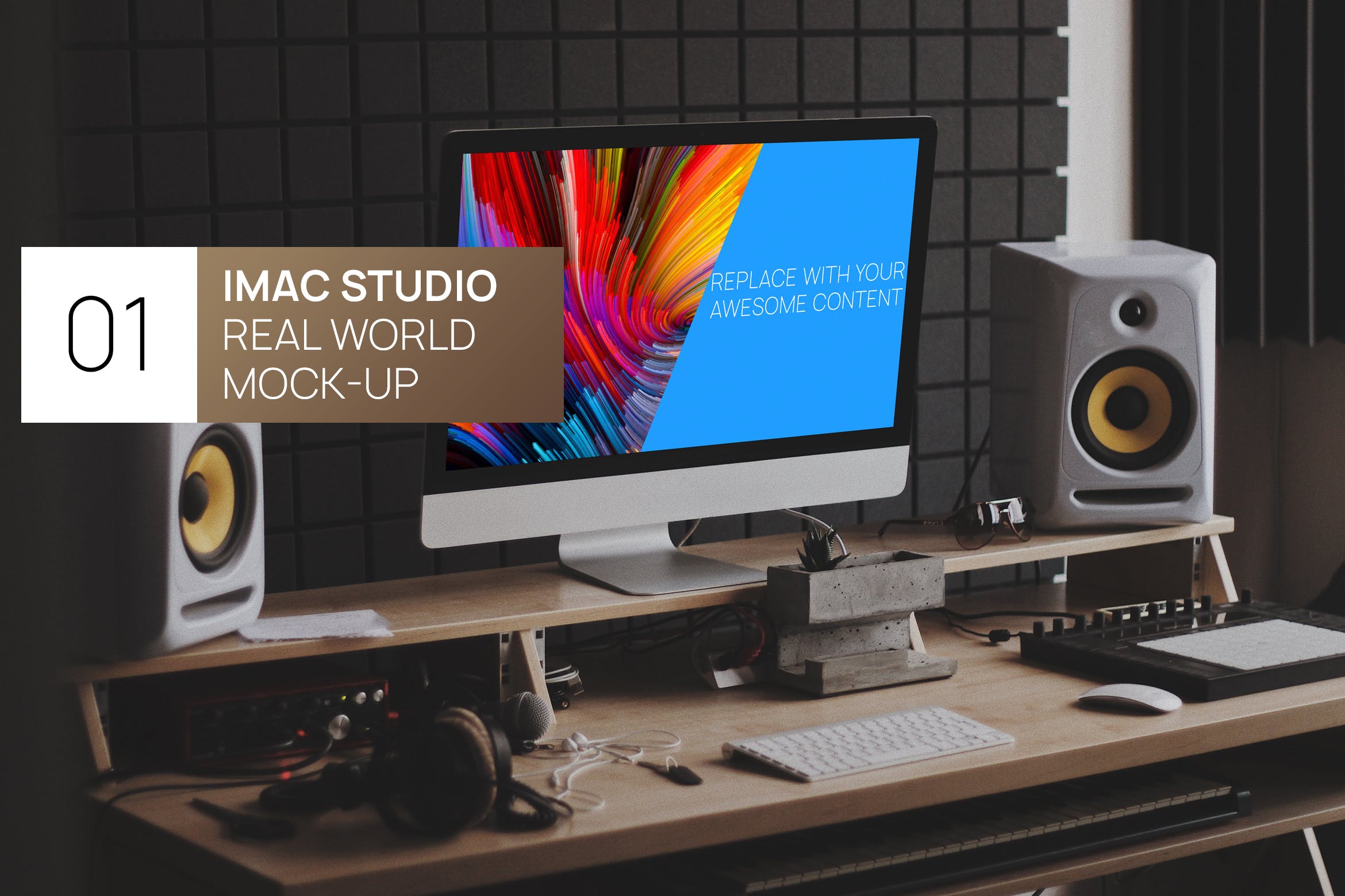 双层办公桌场景27寸iMac一体机电脑素材库精选样机 Modern Desk iMac 27 Real World Photo Mock-up插图