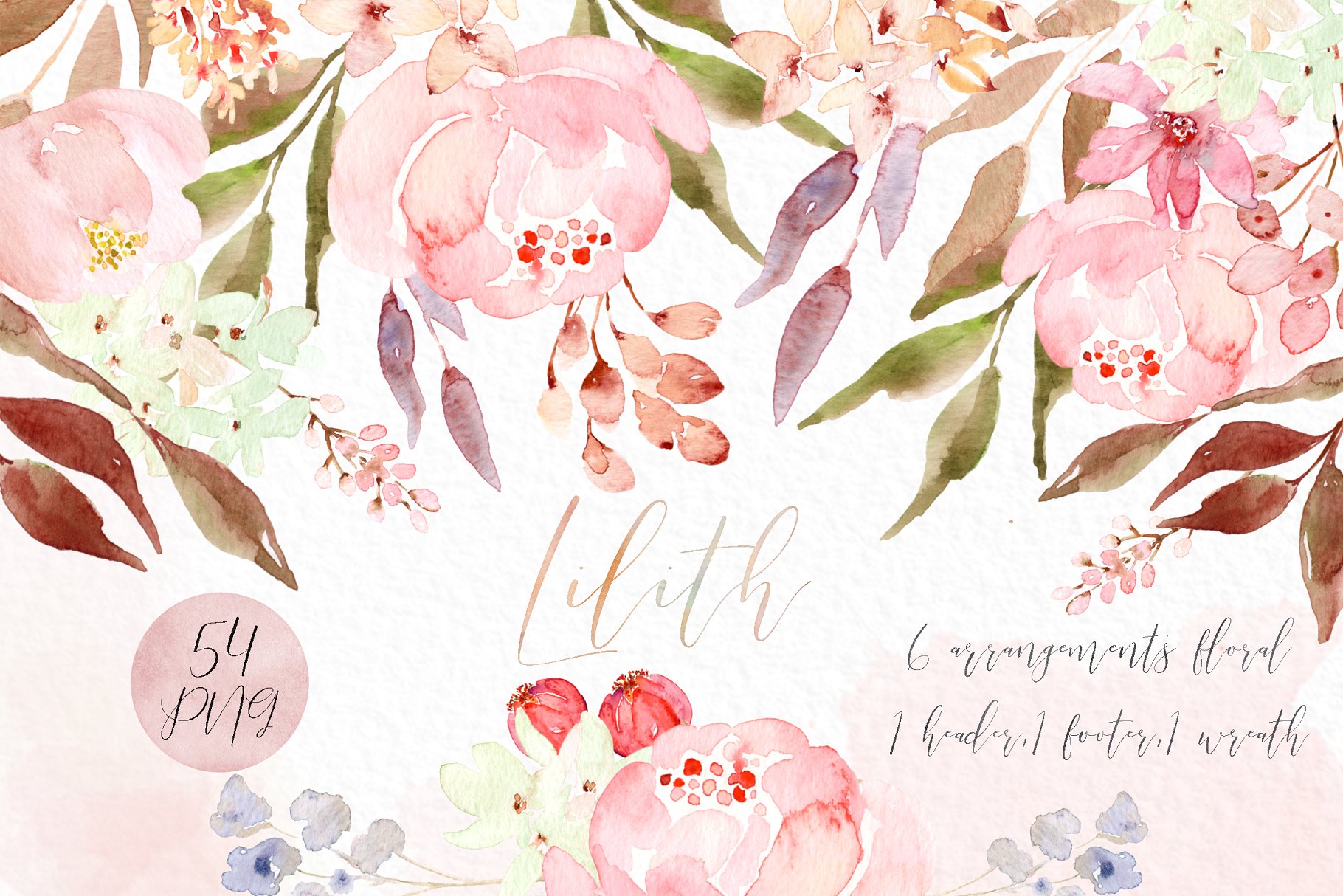 粉色水彩花卉剪贴画 Lilith. Pink watercolour flowers插图