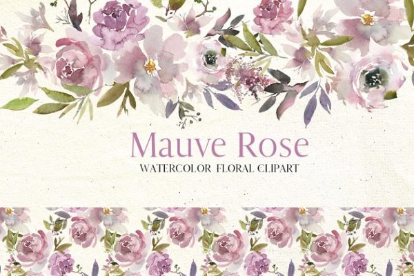 淡紫色玫瑰水彩花卉剪贴画 Mauve Rose Watercolor Floral Clipart