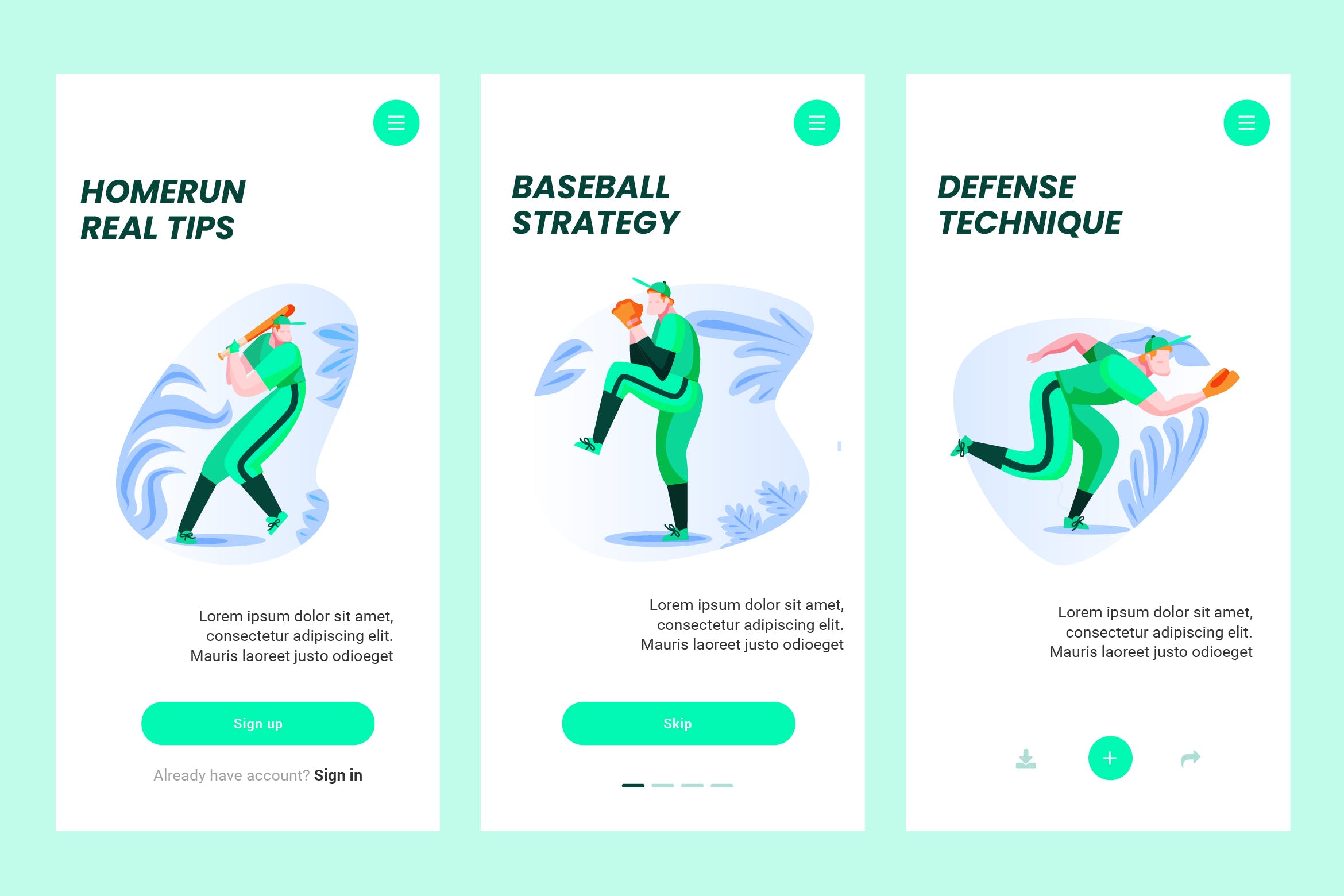 棒球运动人物插画APP引导页启动页设计模板 Onboarding Screen For Baseball Apps PSD and AI插图