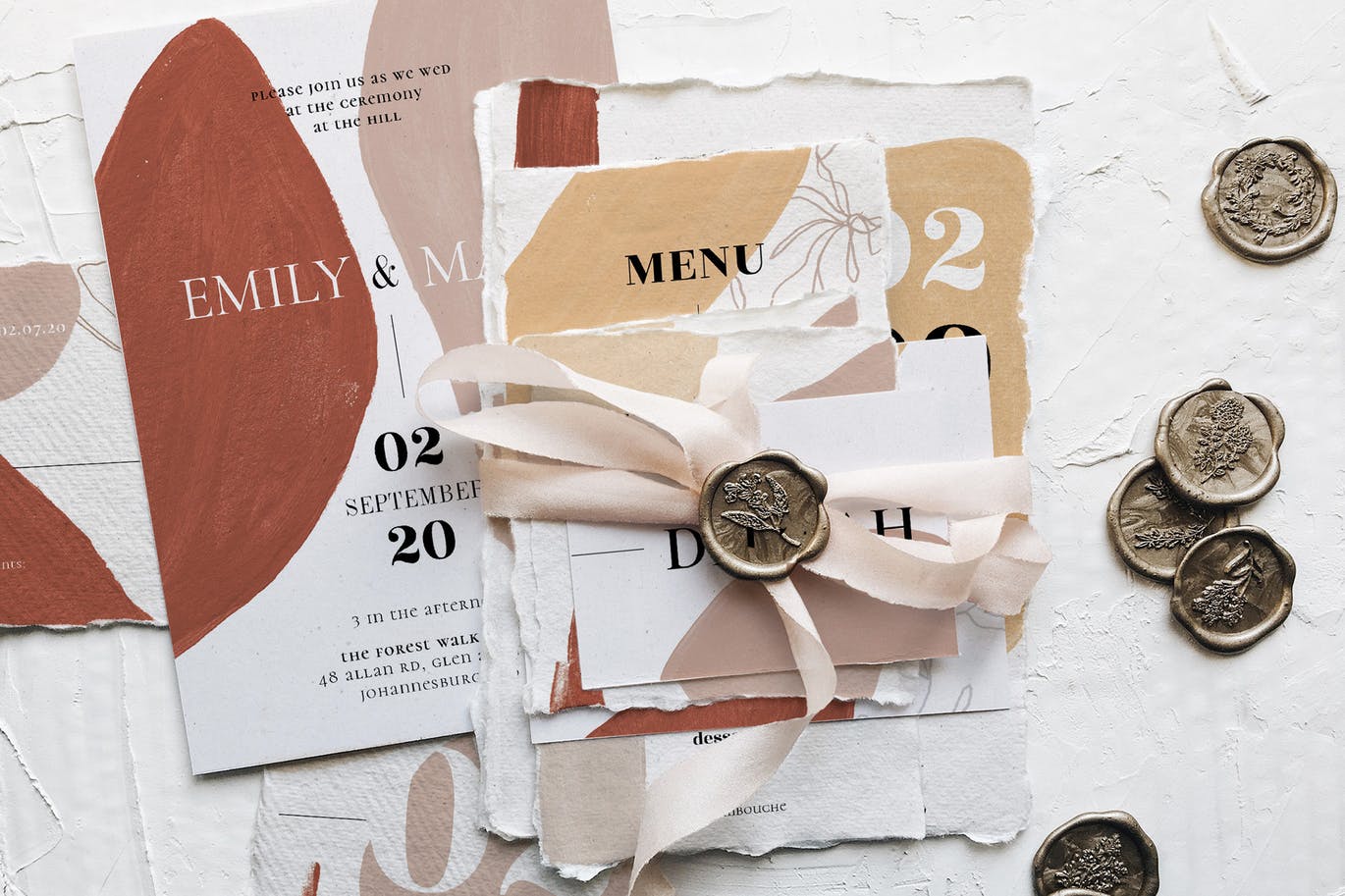 现代抽象水彩图案撕纸风格婚礼邀请设计套件 Modern Abstract Wedding Suite插图(7)