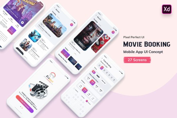 电影在线选座订票APP应用UI设计XD模板[日间模式版本] Ocodile-Movie Booking MobileApp UI Kit Light (XD)