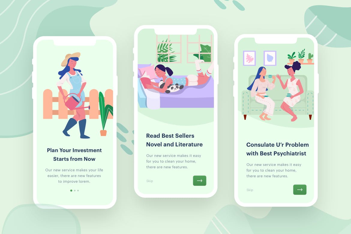 女性学习与社交主题APP应用启动页矢量插画素材 Women’s Learn & Socialize插图(1)