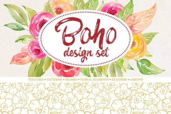 波西米亚风手绘水彩插画 Boho watercolor set