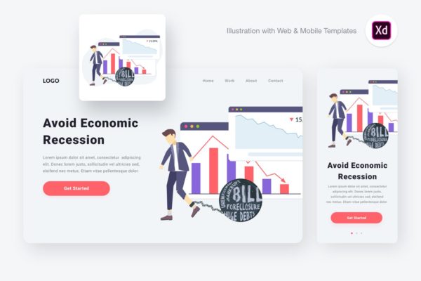 网站设计经济衰退分析概念插画[XD&amp;SVG] Economic recession illustration (Adobe XD &amp; SVG)