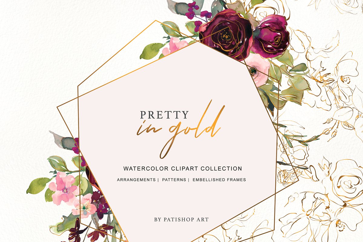 金色&勃艮第深红花卉水彩插画合集插图(10)