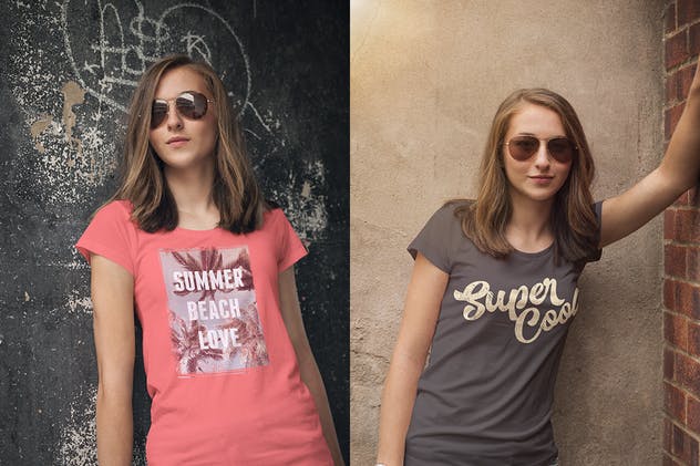 女款V领T恤欧美时装模特上身效果样机 Crew Neck T-shirt Mock-up Female Version插图(3)