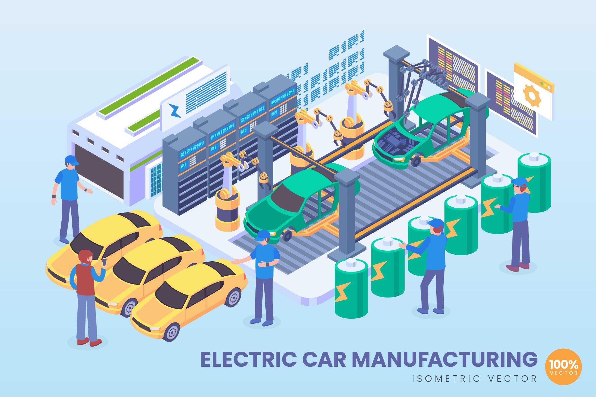 电动车制造技术等距矢量科技素材库精选概念插画v1 Isometric Electric Car Manufacturing Vector插图