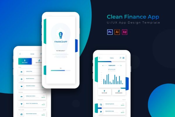 简约风金融APP应用UI设计素材库精选模板[AI, PSD&amp;XD] Clean Finance | App Design Template