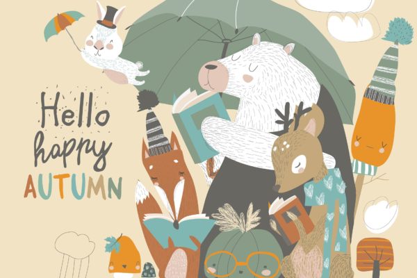 可爱的动物阅读场景素材库精选手绘插画矢量素材 Funny animals read books under umbrella. Autumn ti
