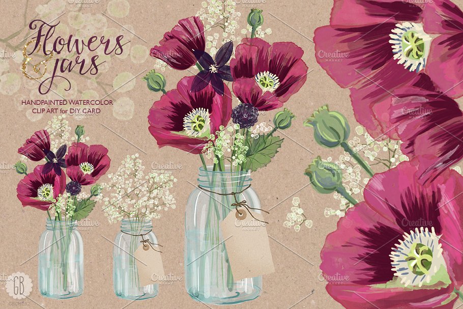 手绘水彩罂粟花元素插画素材 Watercolor burgundy poppies in a jar插图