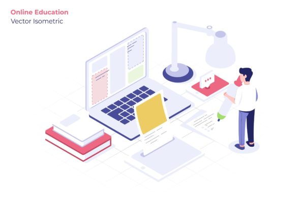 在线教育主题矢量等距素材库精选概念插画素材 Online Education – Vector Illustration