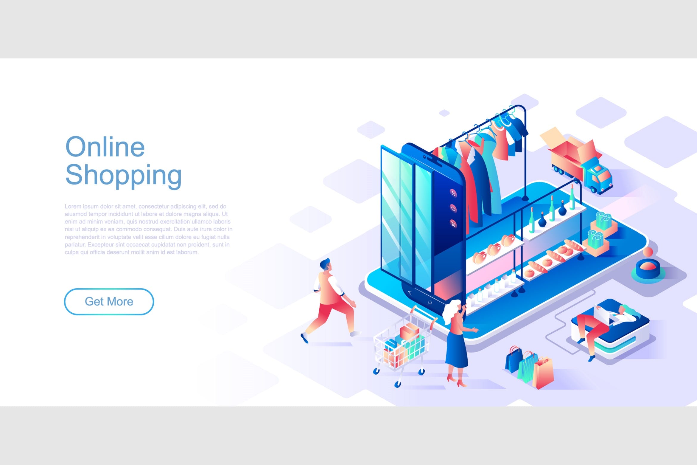 网上购物主题扁平化网站设计等距素材库精选概念插画 Online Shopping Isometric Flat Concept Header插图