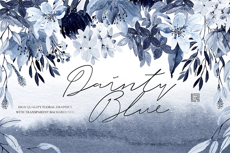 精致的海军蓝手绘花卉 Dainty blue. Navy blue flowers插图(1)