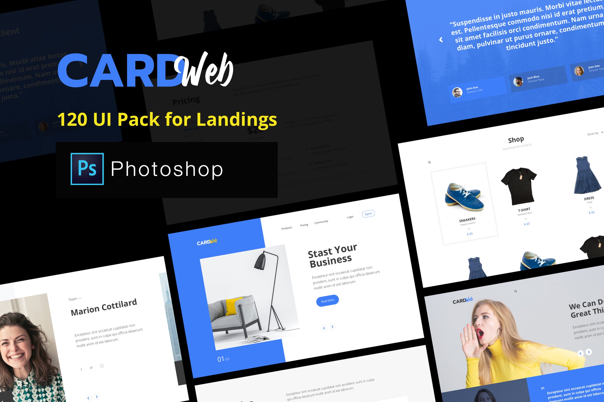 现代简约网站设计UI模板素材合集 Web UI Card Pack Landing Pages – Photoshop Version插图
