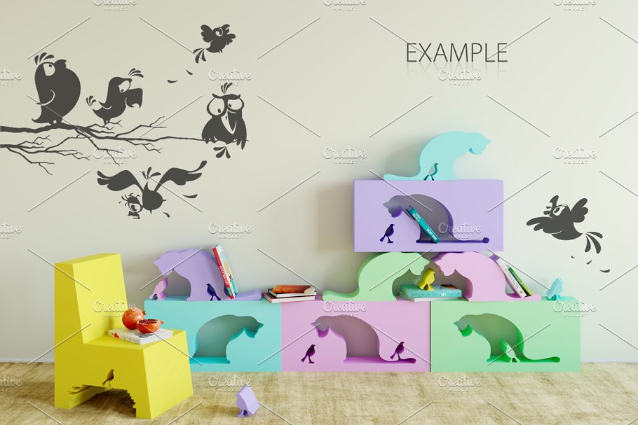 儿童主题室内墙纸设计展示和相框画框样机 Kids Interior Wall & Frames Mockup 1插图(17)