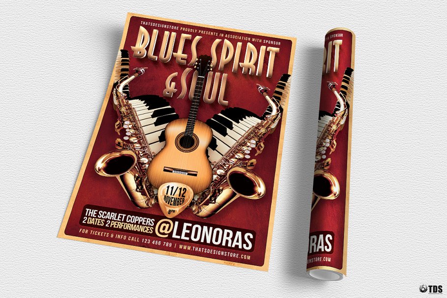 蓝调&灵魂音乐节活动海报传单设计模板 Blues and Soul Live Flyer PSD插图(2)