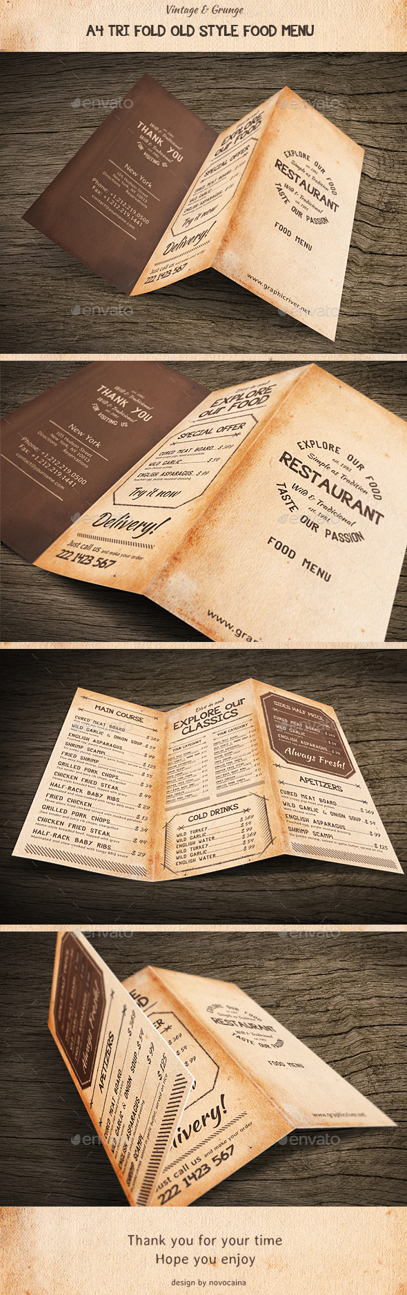 老式餐厅三折页菜单模板 Old Style A4 Trifold Food Menu [psd]插图