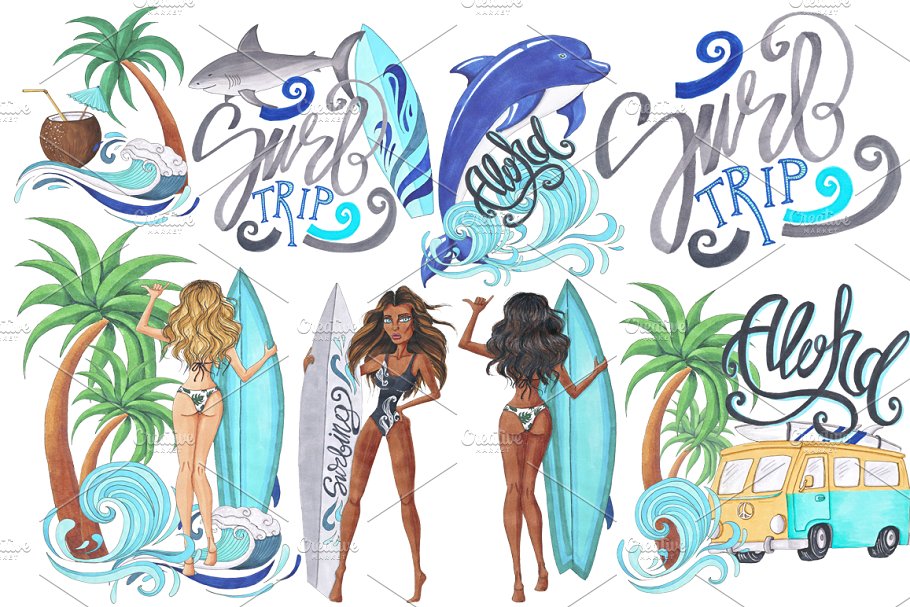 冲浪主题手绘插画合集 Surf Trip Hand-painted Collection插图(2)